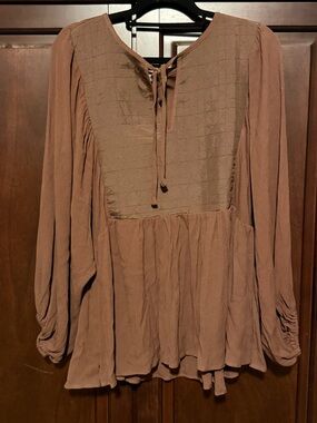 Women’s Plus Size Boho Tie-Neck Brown Peasant Tunic 2x